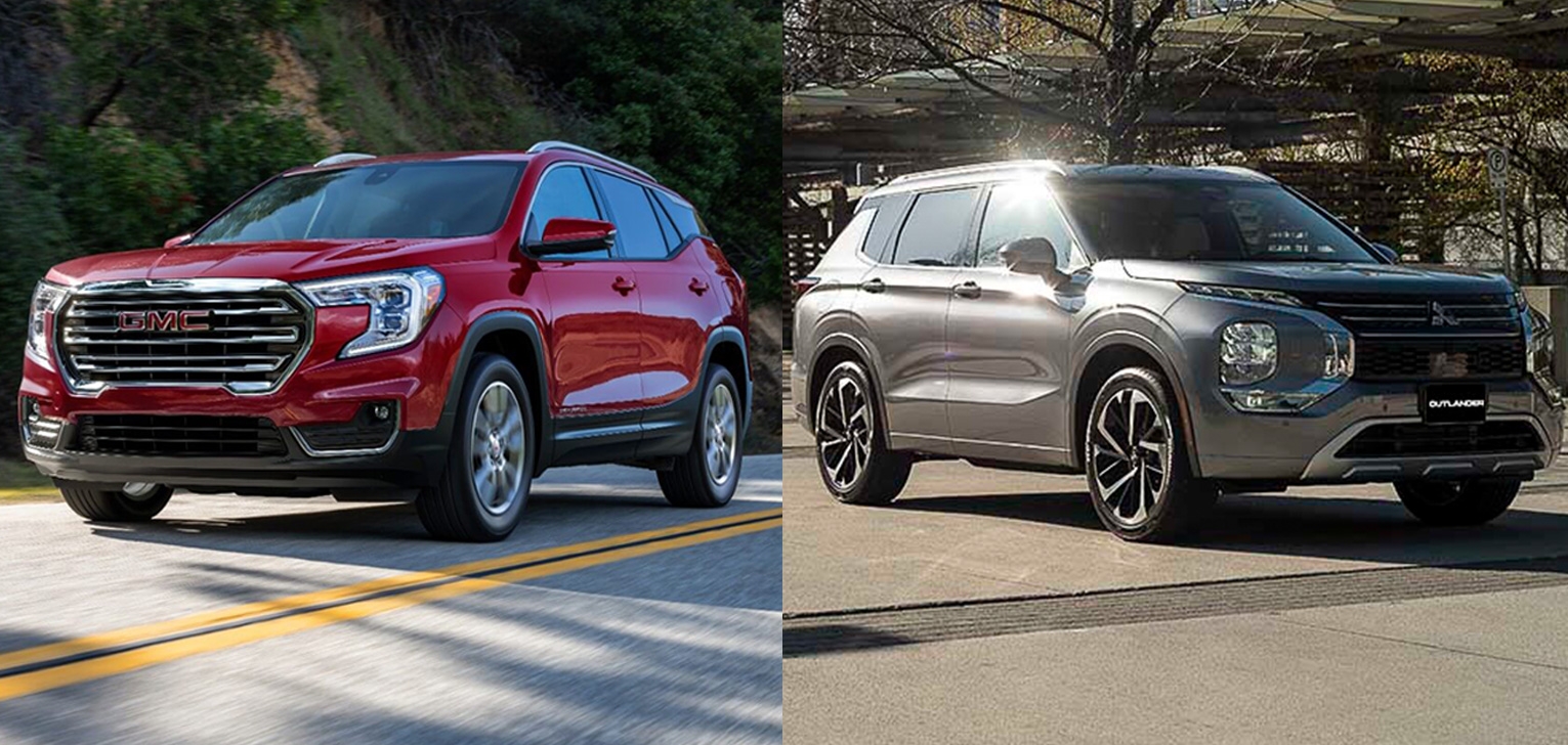 comparatif entre le GMC Terrain 2022 (gauche) et le Mitsubishi Outlander 2022 (droite)